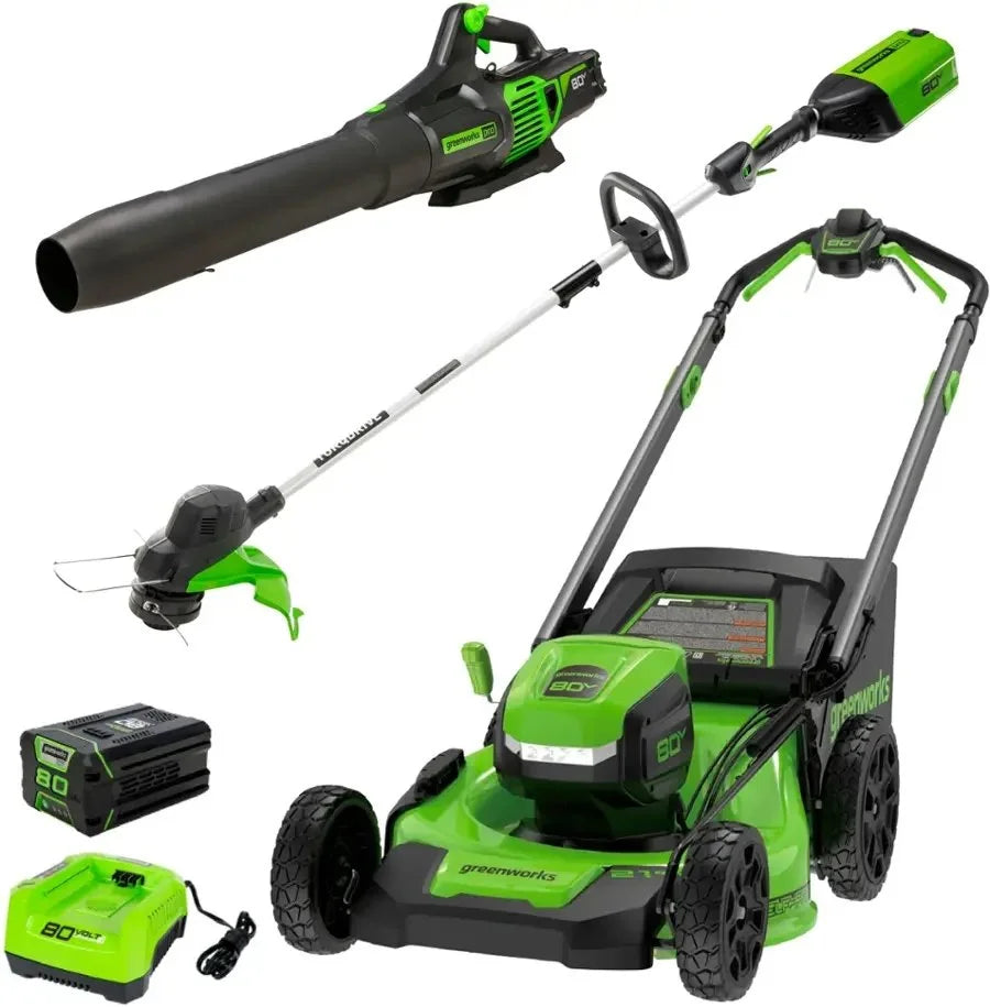 Greenworks 80V 21” Lawn Mower, 13” String Trimmer, and 730 Leaf Blowers. image 4