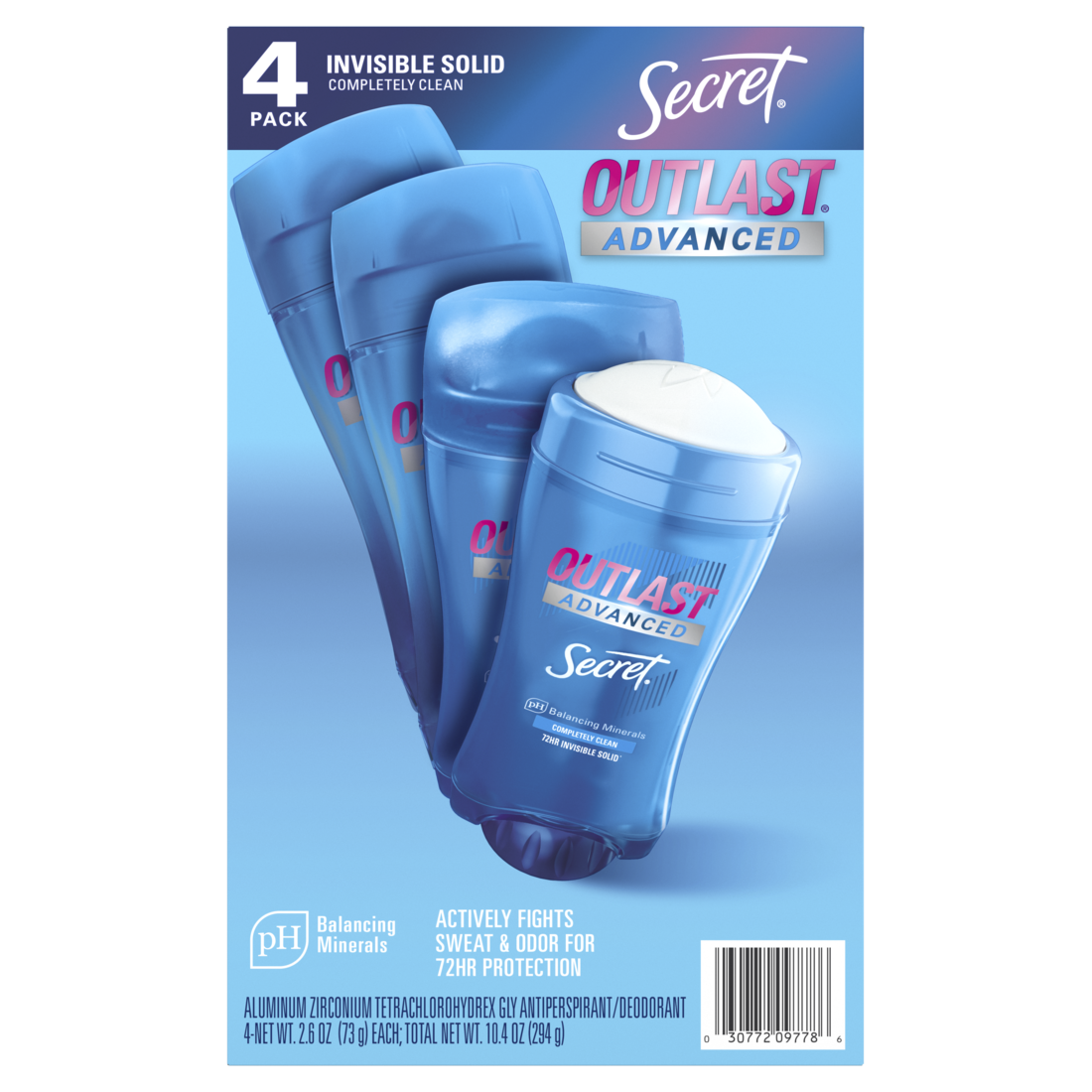 Secret Antiperspirant Deodorant Outlast Advanced Invisible Solid Completely Clean Scent for Women Pack of 4 - 2.6oz/270pk