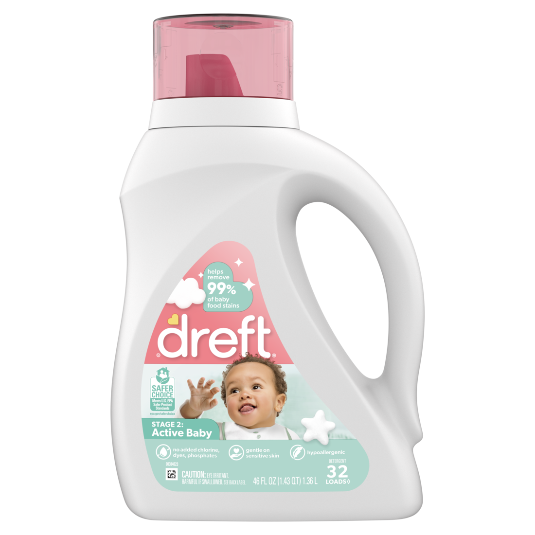 Dreft Stage 2 Active Baby Liquid Laundry Detergent Helps Remove 99% Of Baby Food Stains Hypoallergenic 32 Loads - 46oz/6pk