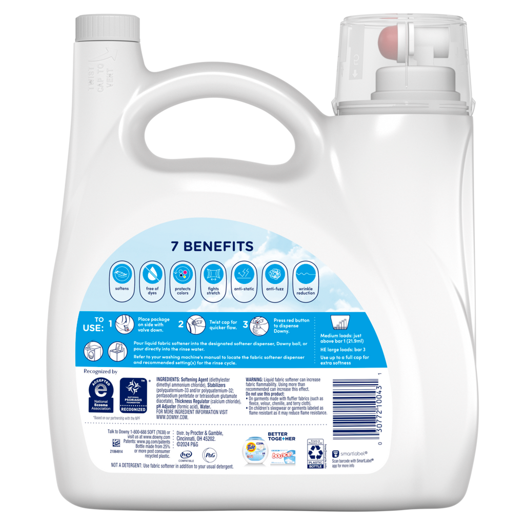 Downy Free & Gentle Liquid Fabric Softener 190 Loads Hypoallergenic Sensitive Skin Friendly Fabric Conditioner Liquid - 140oz/4pk
