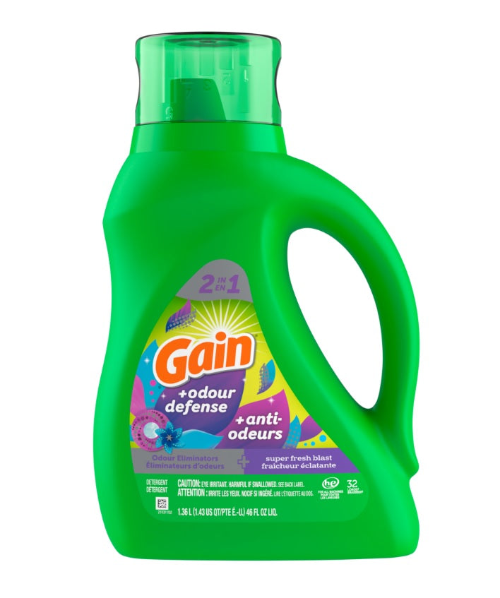 Gain Odor Defense Liquid Laundry Detergent Super Fresh Blast Scent 32 Loads 2-in-1 Laundry Detergent Liquid Soap HE Compatible - 46oz/6pk
