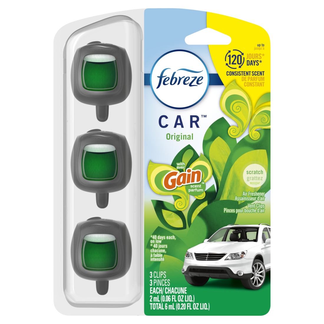 Febreze Car Odor-Fighting Car Freshener Vent Clip Gain Original Scent Car Vent Clip - (3x.06)oz/8pk
