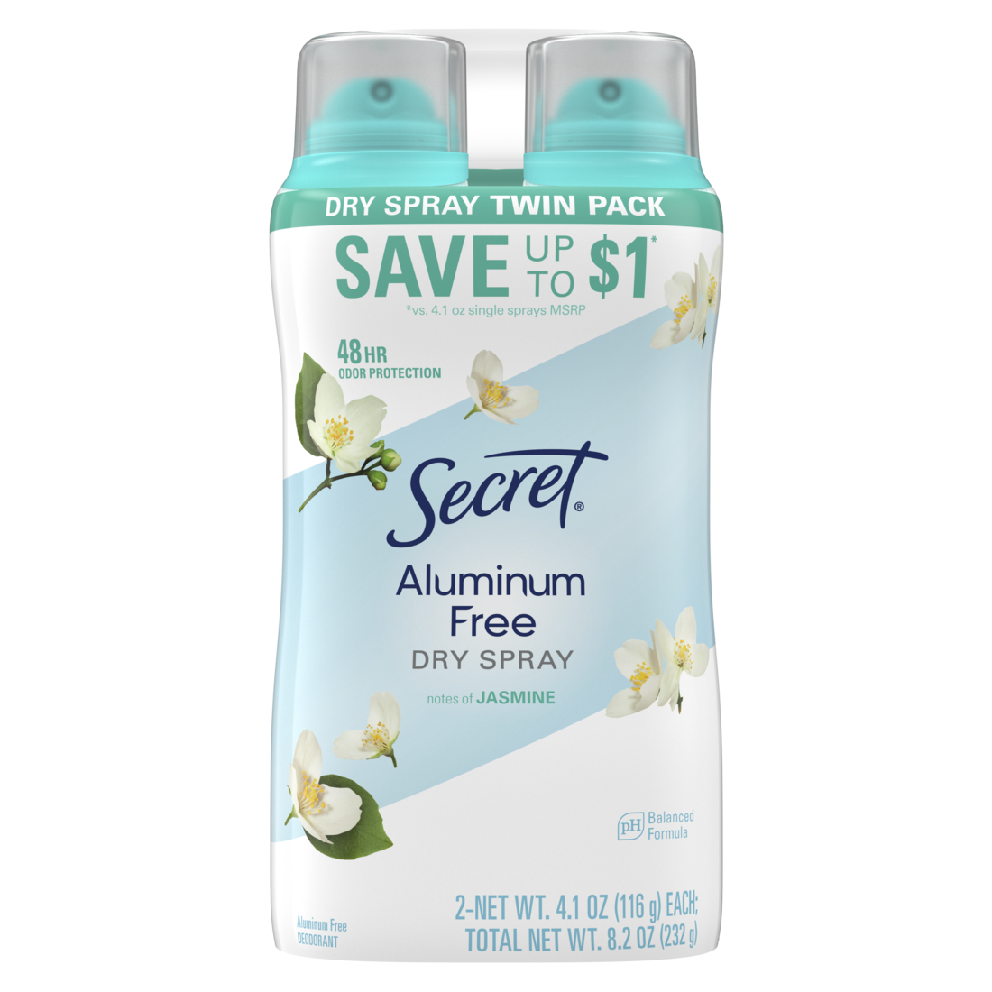 Secret Dry Spray Aluminum Free Deodorant for Women Midnight Jasmine (2 Pack) - 4.1oz/6pk