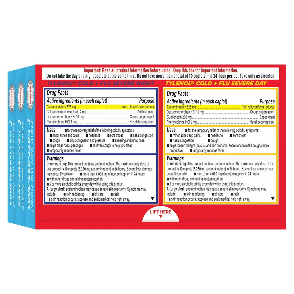 Tylenol Cold + Flu Severe Day & Night Caplets 48ct Day 24ct Night - 72ct/1pk