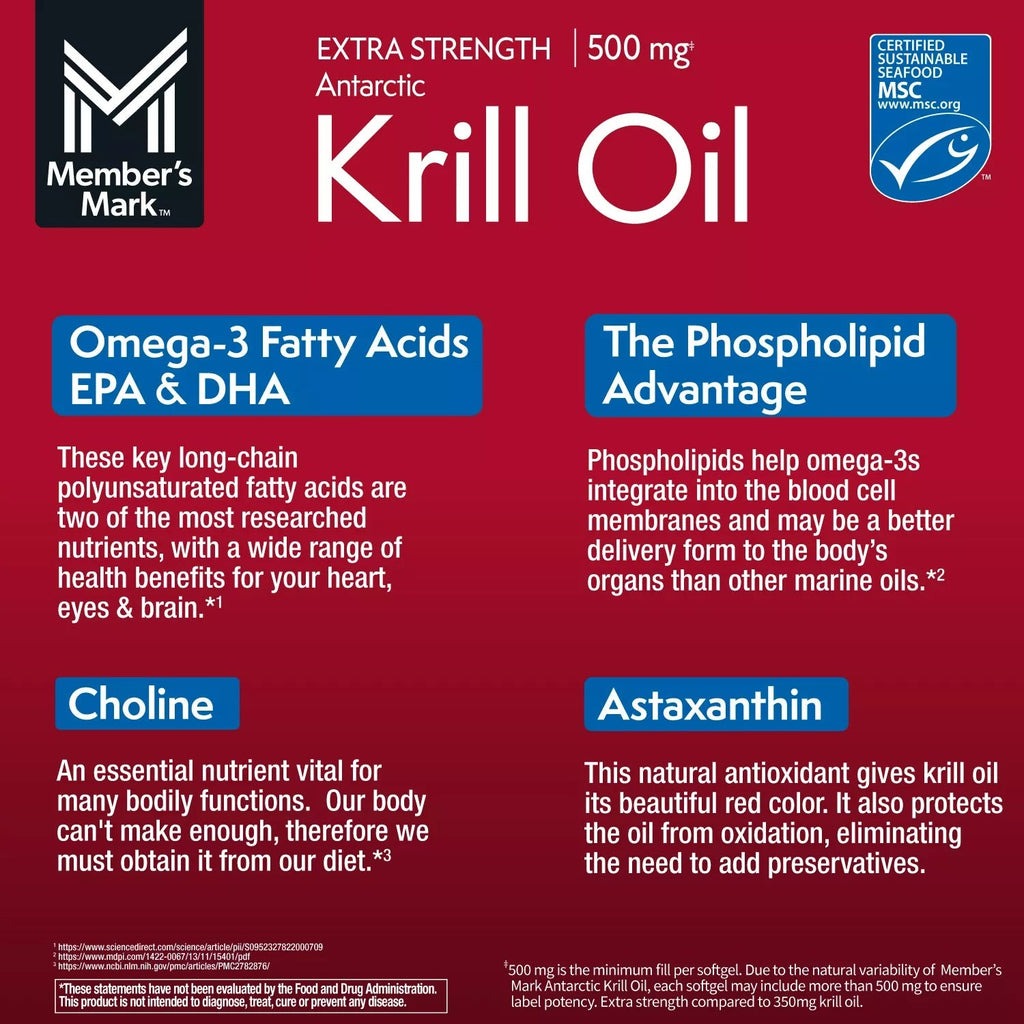 Members Mark Extra Strength Antarctic Pure Omega-3 Krill Oil 500 mg - 160ct/1pk