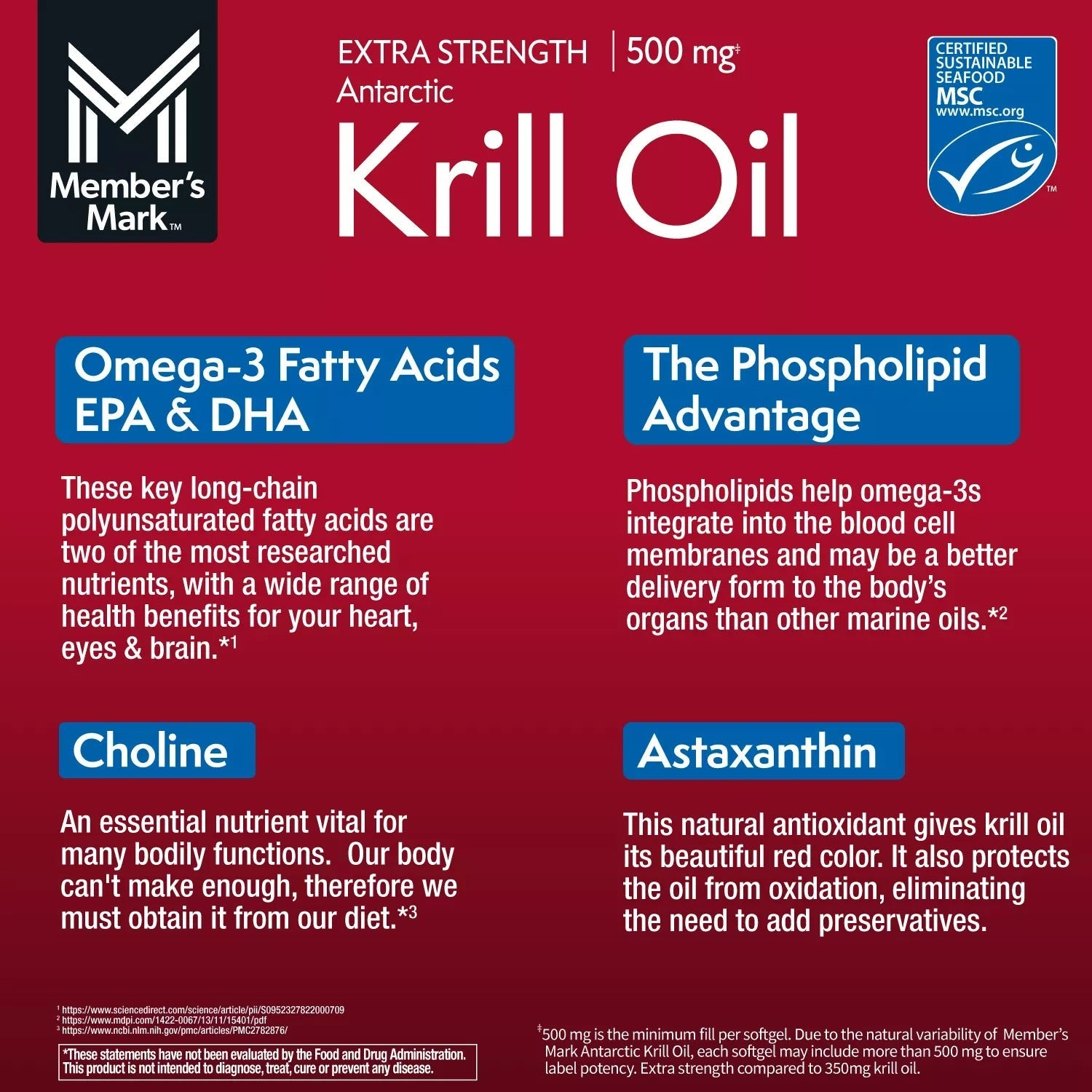 Members Mark Extra Strength Antarctic Pure Omega-3 Krill Oil 500 mg - 160ct/1pk