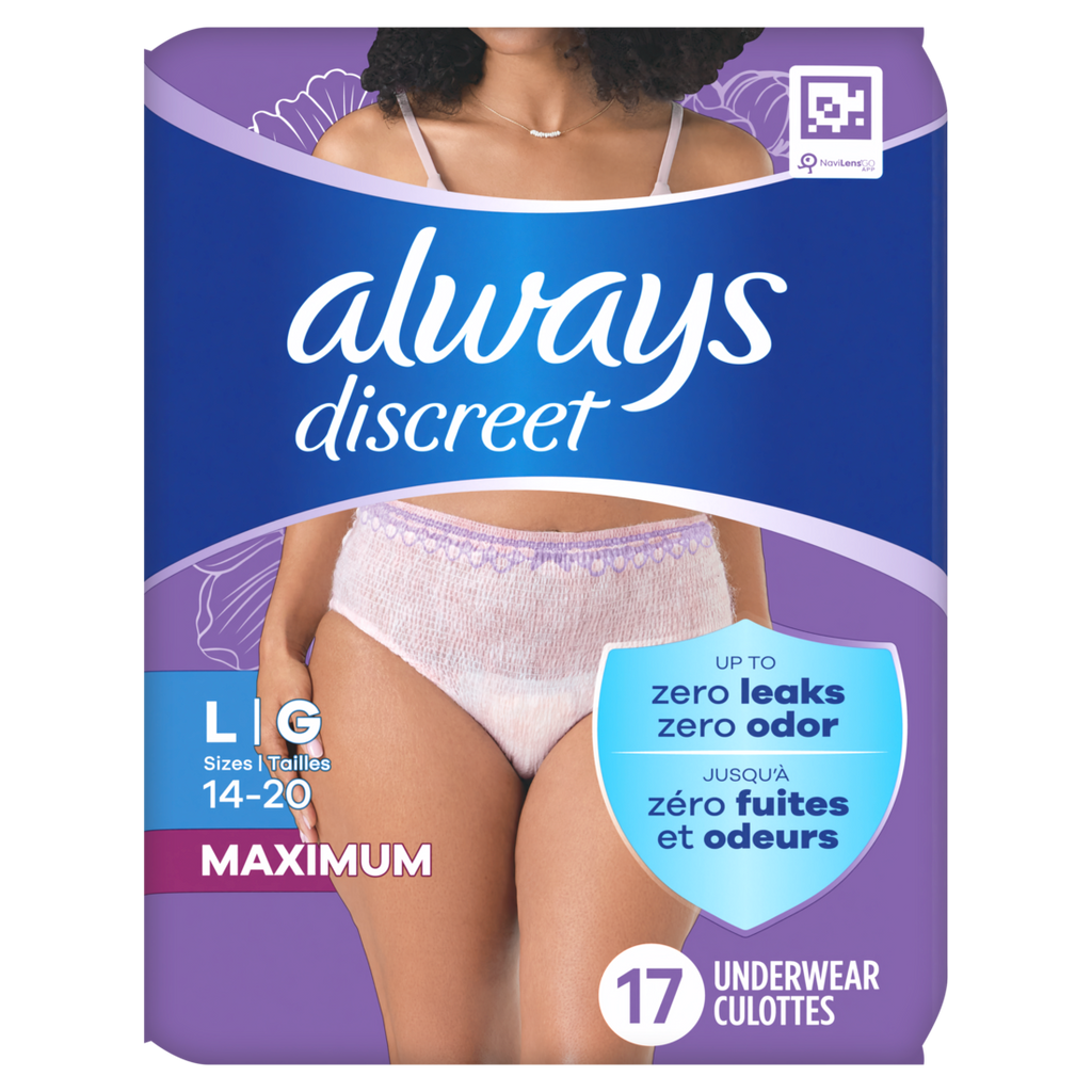 Always Discreet Adult Incontinence Underwear for Women and Postpartum Underwear Size L - Up to 100% Bladder Leak Protection - 17ct/3pk