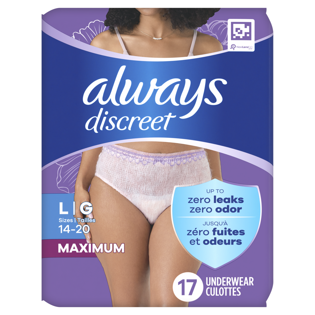 Always Discreet Adult Incontinence Underwear for Women and Postpartum Underwear Size L - Up to 100% Bladder Leak Protection - 17ct/3pk