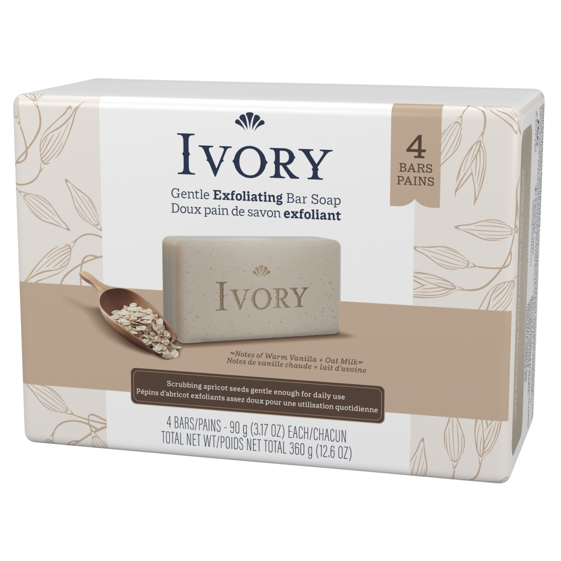 Ivory Gentle Exfoliating Bar Soap Notes Of Warm Vanilla + Oat Milk - (4x3.17)oz/8pk