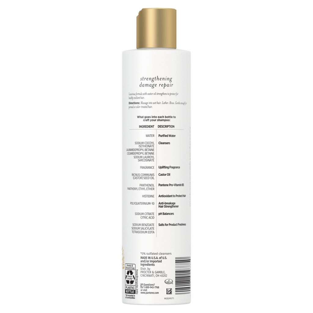 Pantene Sulfate Free Shampoo Hair Strengthening Anti Frizz Damage Repair Shampoo with Castor Oil Nutrient Blends - 9.6oz/4pk