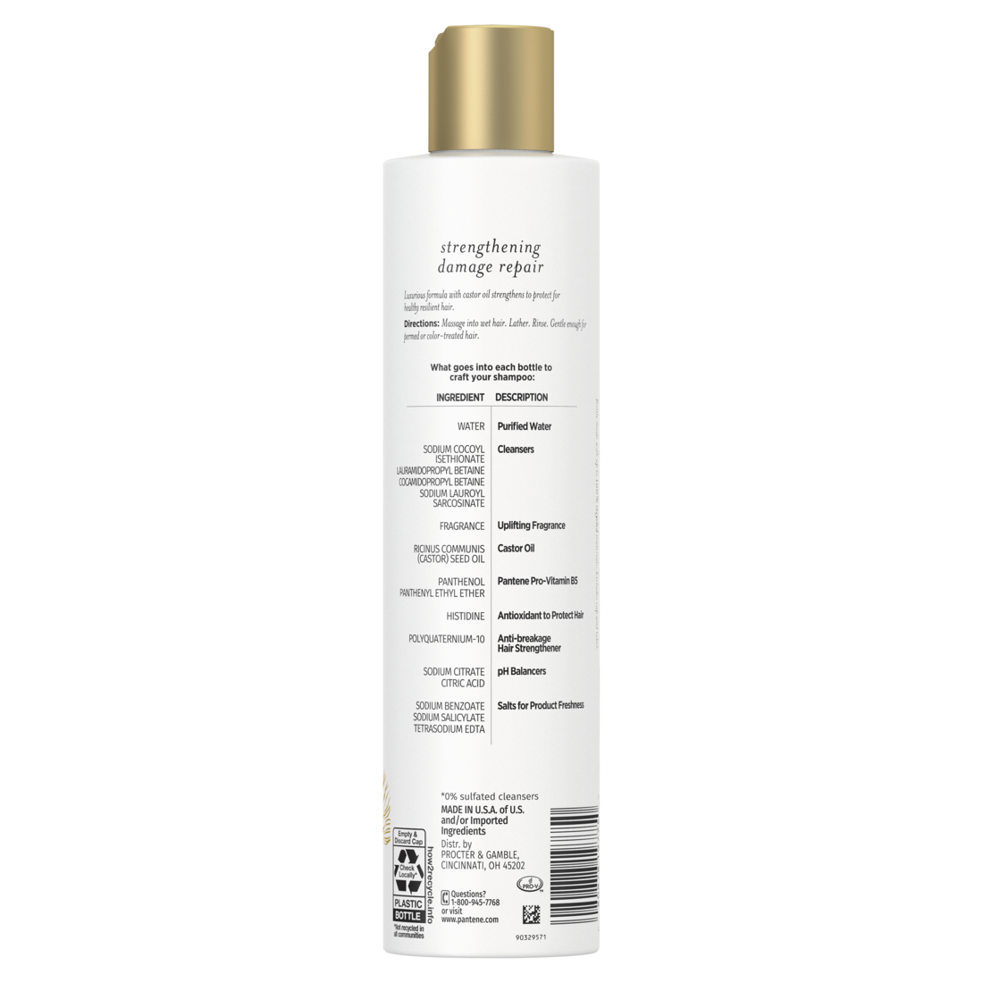 Pantene Sulfate Free Shampoo Hair Strengthening Anti Frizz Damage Repair Shampoo with Castor Oil Nutrient Blends - 9.6oz/4pk