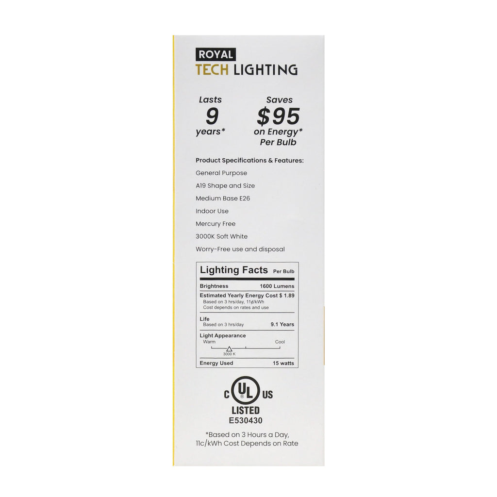 Royal Tech Lightning LED Soft White 15W (100W replacement) - 4ct/12pk