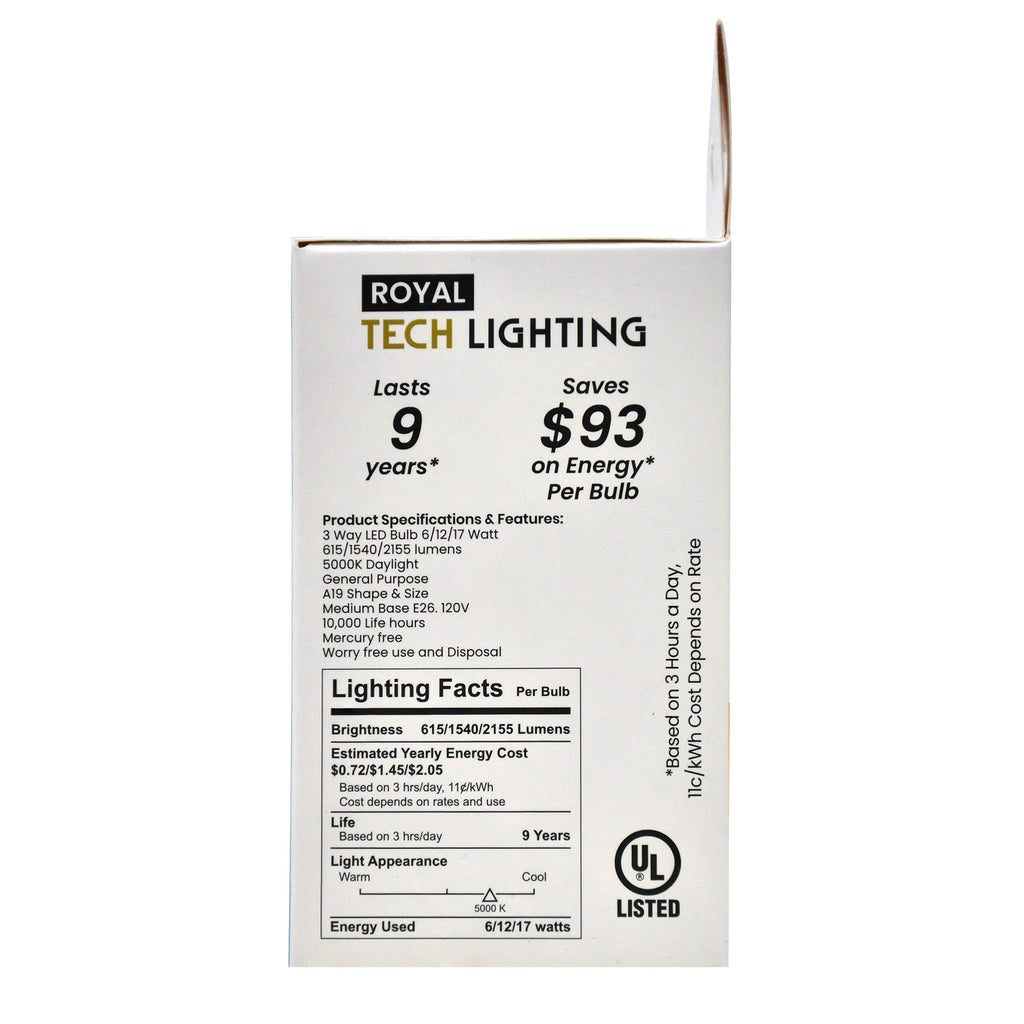 Royal Tech Lightning LED 3 Way Daylight 6/12/17W (50/100/150W replacement) - 1ct/6pk