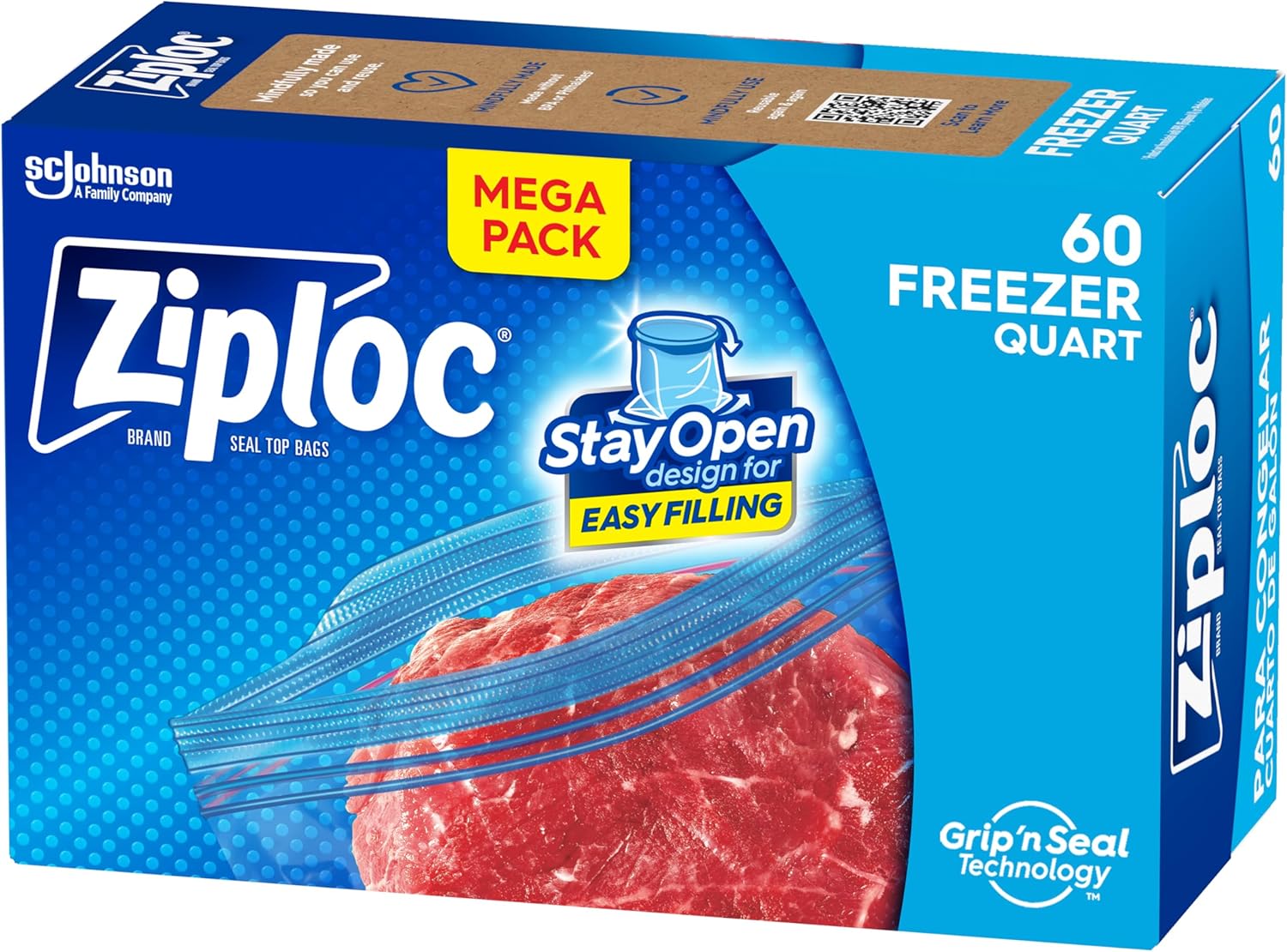 Ziploc Stay Open Freezer Bag Quart Mega Pack - 60ct/9pk
