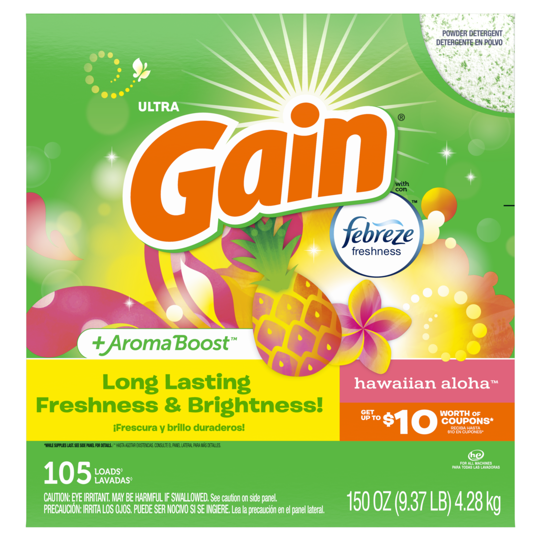 Gain Powder Laundry Detergent for Regular and HE Washers Hawaiian Aloha Scent 105 Loads - 150oz/2pk