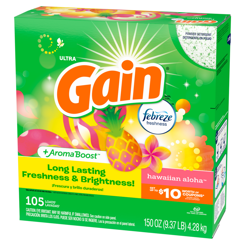 Gain Powder Laundry Detergent for Regular and HE Washers Hawaiian Aloha Scent 105 Loads - 150oz/2pk