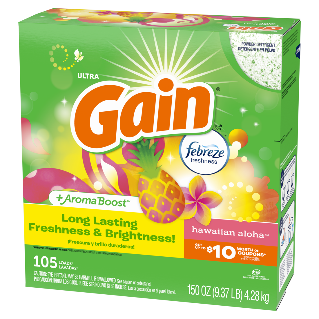 Gain Powder Laundry Detergent for Regular and HE Washers Hawaiian Aloha Scent 105 Loads - 150oz/2pk