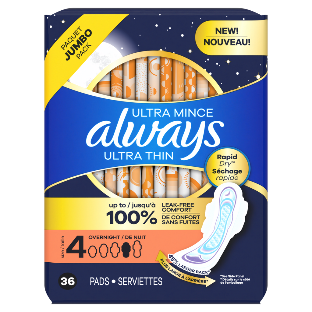 Always Ultra Thin Feminine Pads With Wings For Women Size 4 Overnight Absorbency Unscented - 36ct/6pk