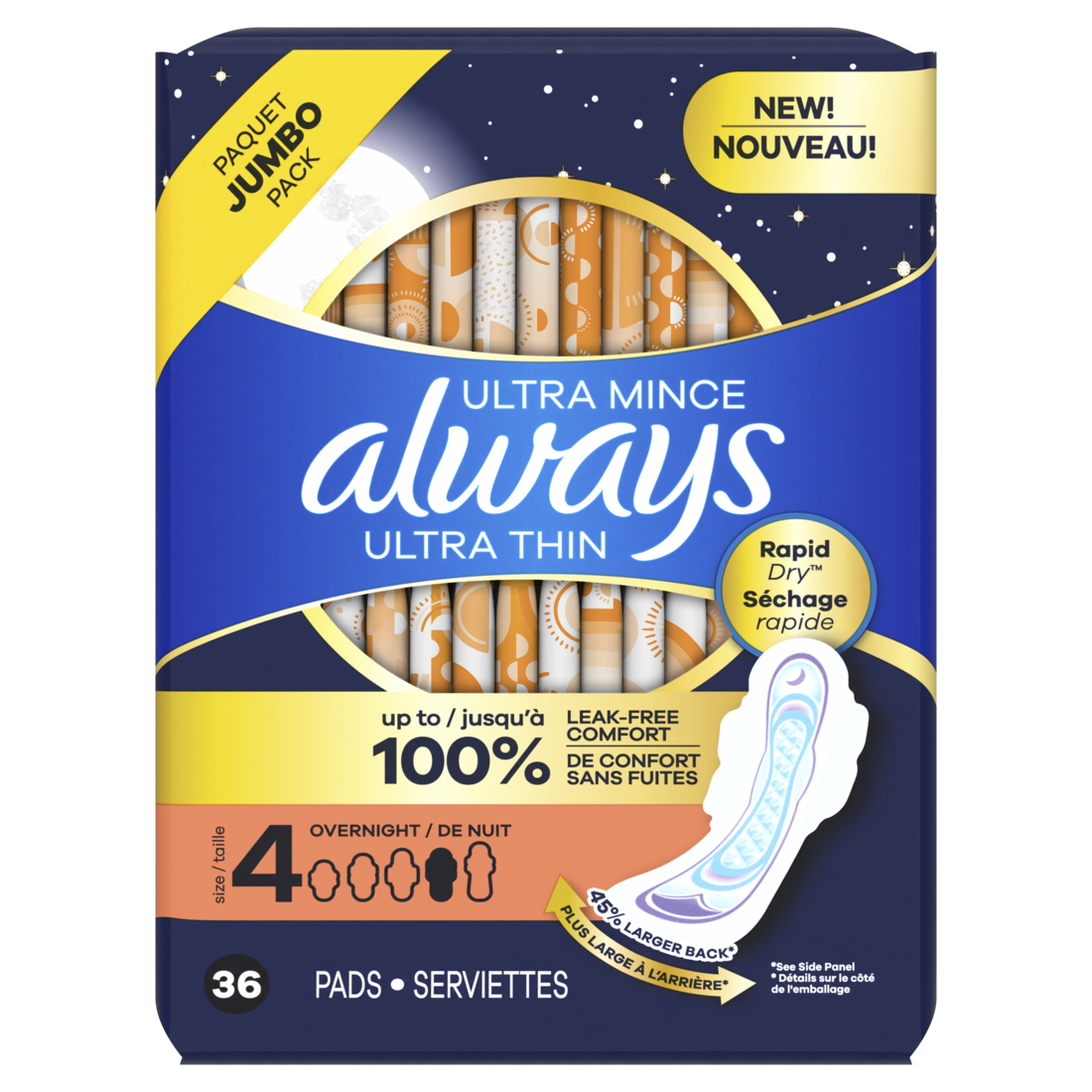 Always Ultra Thin Feminine Pads With Wings For Women Size 4 Overnight Absorbency Unscented - 36ct/6pk