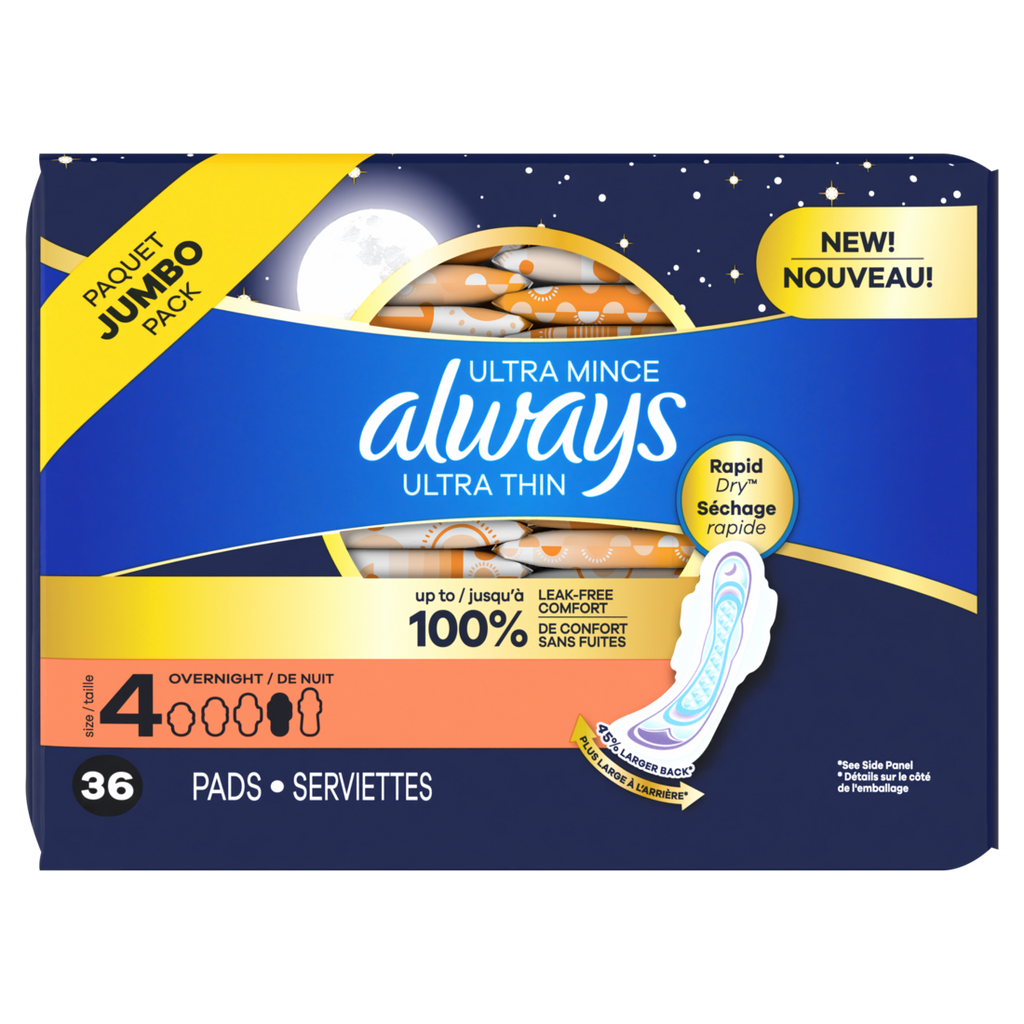 Always Ultra Thin Feminine Pads With Wings For Women Size 4 Overnight Absorbency Unscented - 36ct/6pk