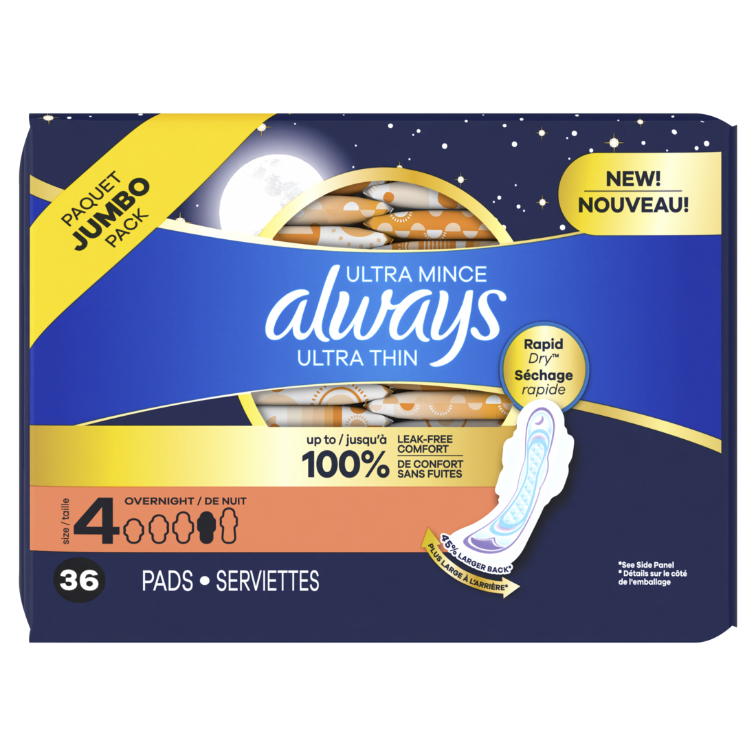 Always Ultra Thin Feminine Pads With Wings For Women Size 4 Overnight Absorbency Unscented - 36ct/6pk