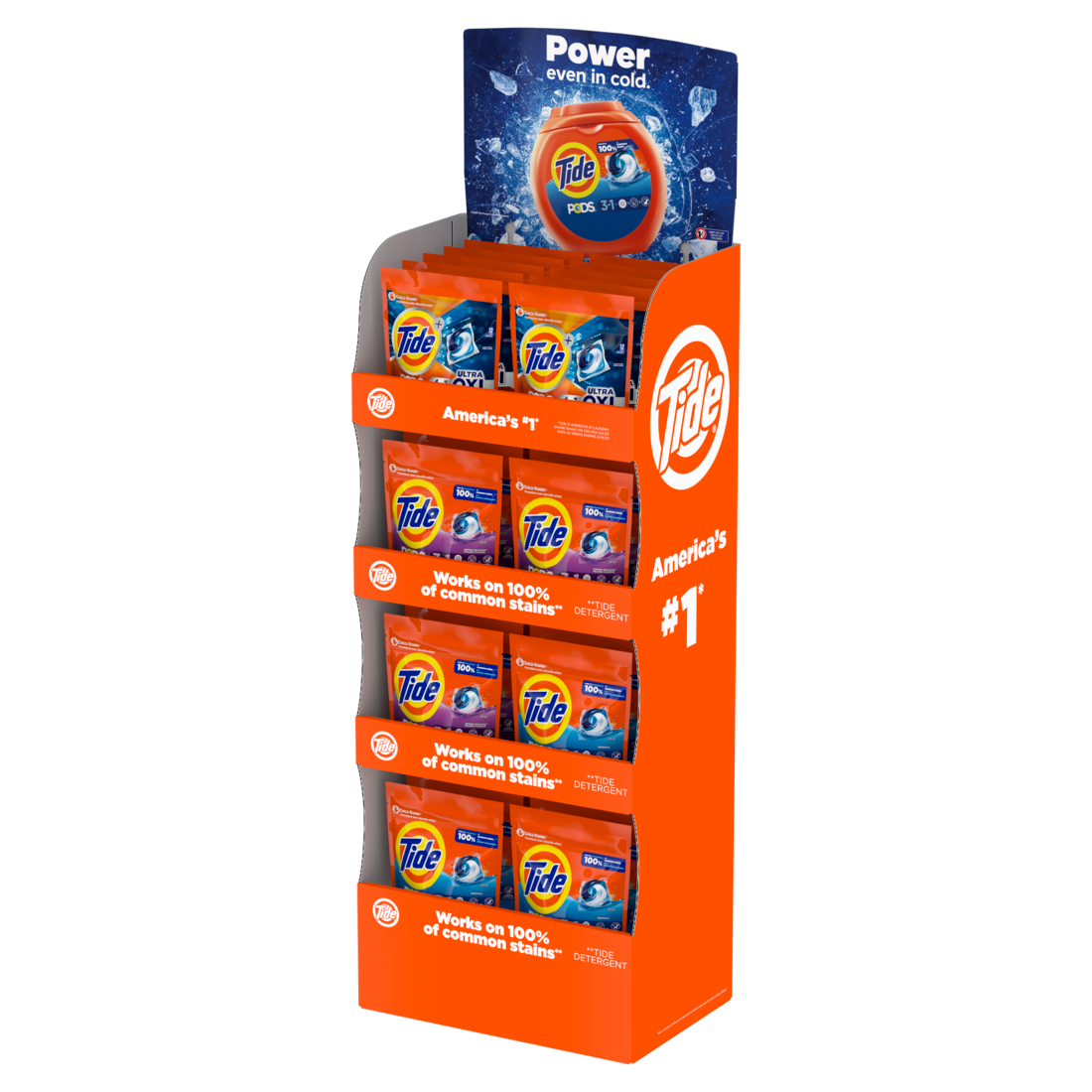 Tide Display (20 x Tide LQ Pods Orig 16ct; 10 x Tide Power Pods Oxi Boost 9ct; 10 x Tide LQ Pods SM 16ct) - 40pk
