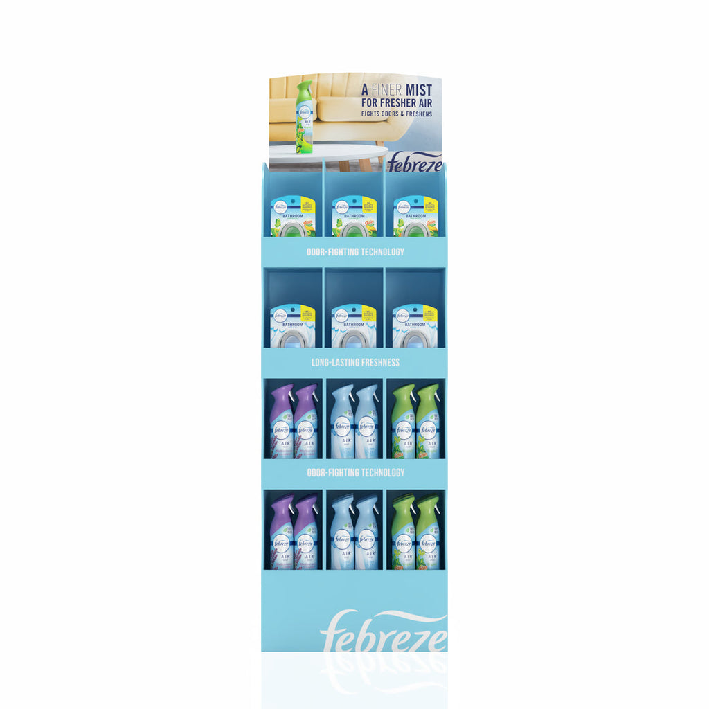 Febreze Display Mixed (Air Spray Linen & Sky 8.8oz/12pk, Air Spray Lavender 8.8oz/12pk, Air Spray Gain 8.8oz/12pk, Bathroom Freshener Linen & Sky 0.25oz/9pk, Bathroom Freshener Gain 0.25oz/9pk) - 54pk