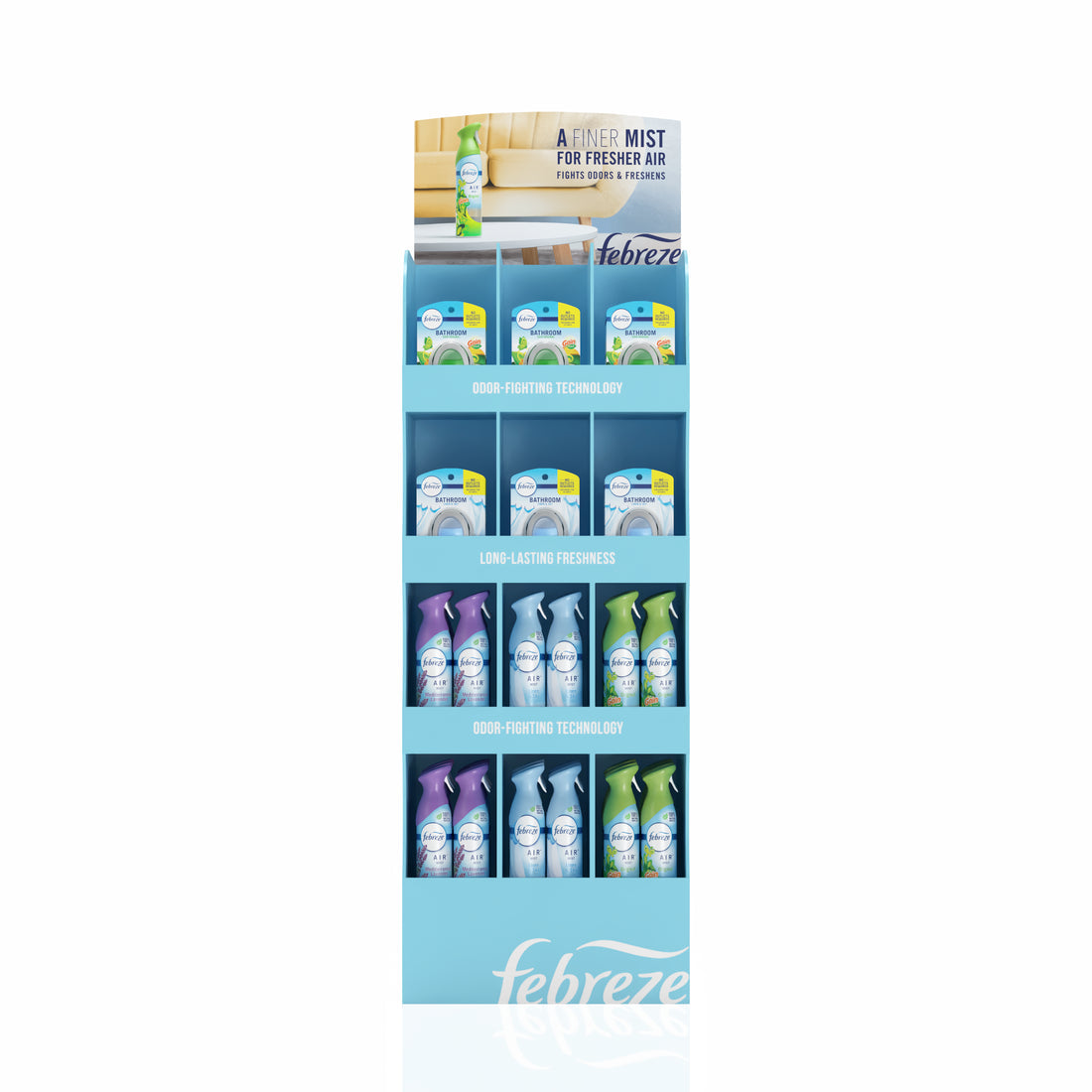 Febreze Display Mixed (Air Spray Linen & Sky 8.8oz/12pk, Air Spray Lavender 8.8oz/12pk, Air Spray Gain 8.8oz/12pk, Bathroom Freshener Linen & Sky 0.25oz/9pk, Bathroom Freshener Gain 0.25oz/9pk) - 54pk