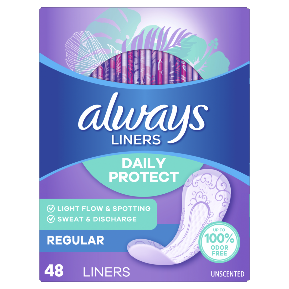 Always Daily Protect Liners Regular Length Unscented Panty Liners - 48ct/5pk