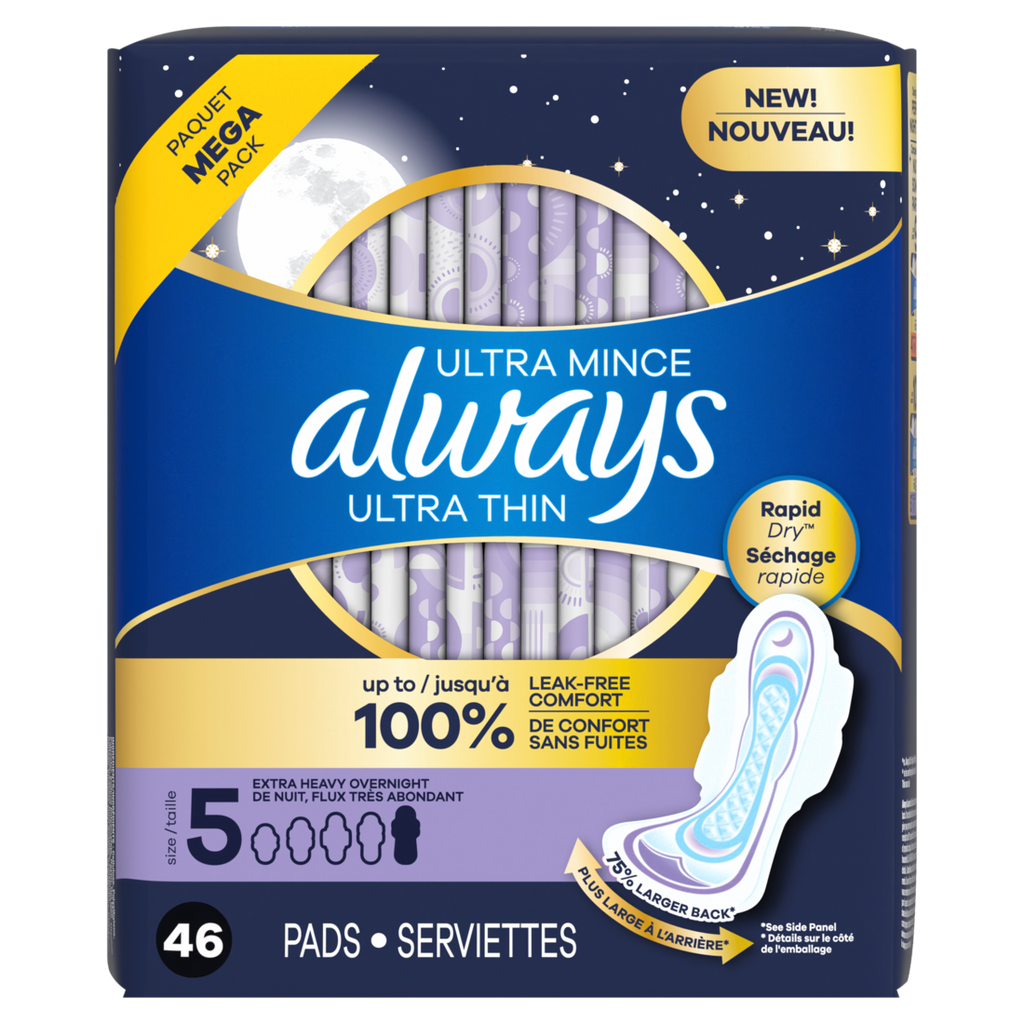 Always Ultra Thin Feminine Pads With Wings For Women Size 5 Extra Heavy Overnight Absorbency Unscented - 46ct/2pk