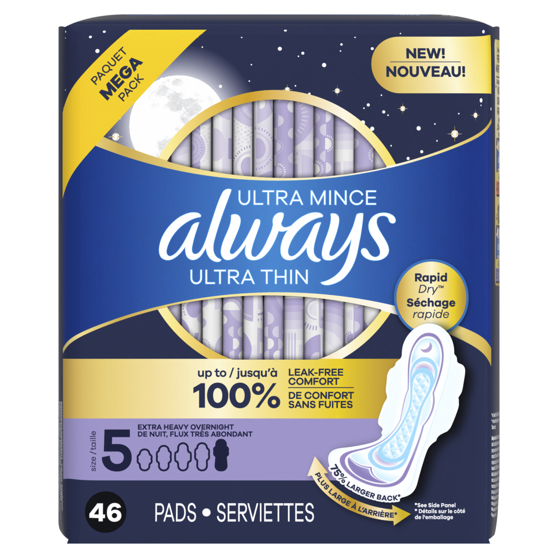 Always Ultra Thin Feminine Pads With Wings For Women Size 5 Extra Heavy Overnight Absorbency Unscented - 46ct/2pk