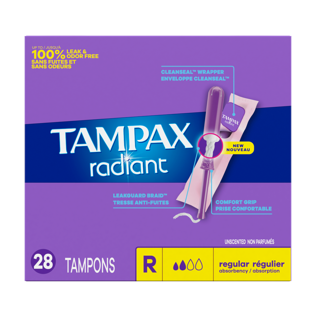 Tampax Radiant Tampons With Leakguard Braid Regular Absorbency Unscented - 28ct/6pk