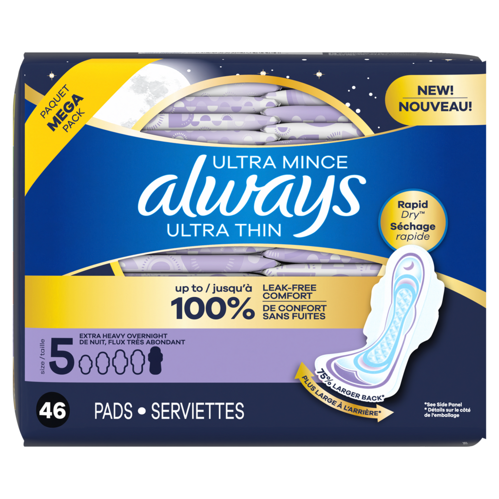 Always Ultra Thin Feminine Pads With Wings For Women Size 5 Extra Heavy Overnight Absorbency Unscented - 46ct/2pk