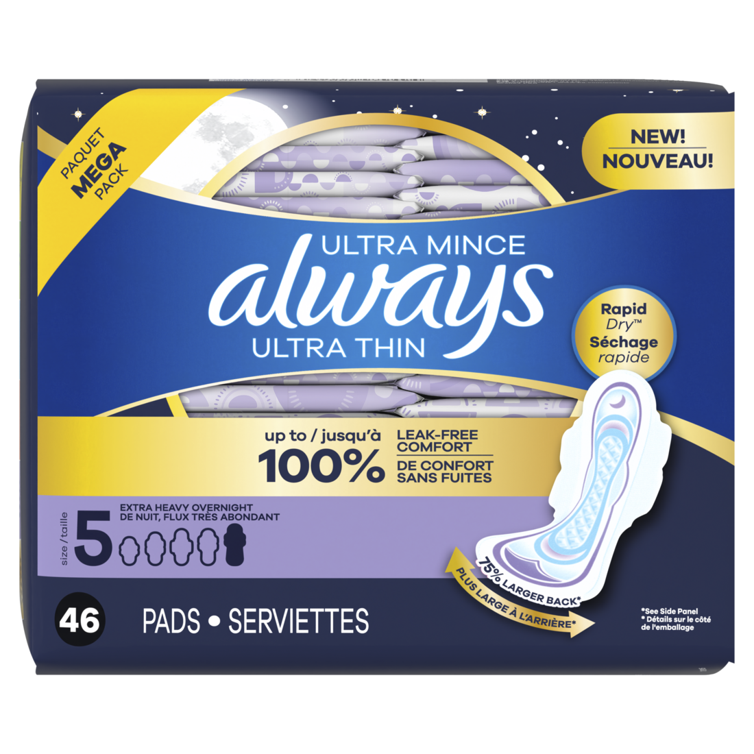 Always Ultra Thin Feminine Pads With Wings For Women Size 5 Extra Heavy Overnight Absorbency Unscented - 46ct/2pk