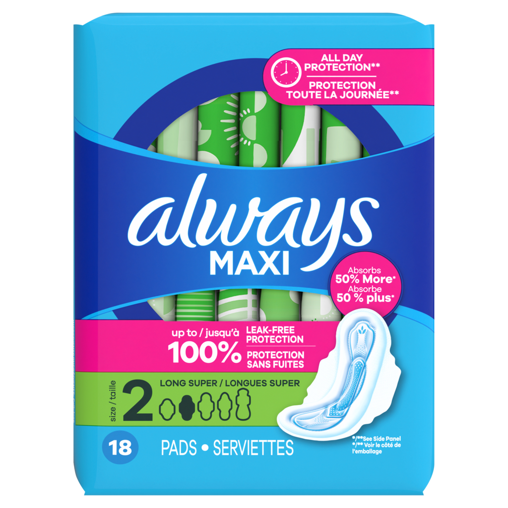 Always Maxi Feminine Pads With Wings For Women Size 2 Long Super Absorbency Unscented - 18ct/8pk