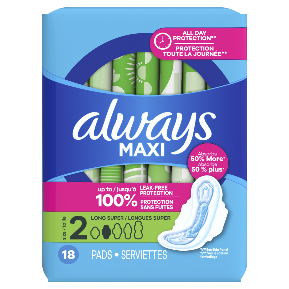 Always Maxi Feminine Pads With Wings For Women Size 2 Long Super Absorbency Unscented - 18ct/8pk