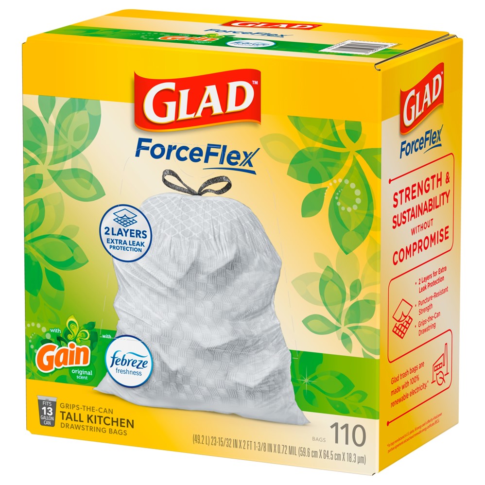 Glad Tall Kitchen Drawstring Gain Original Odor Shield 13 Gallon - 110ct/3pk