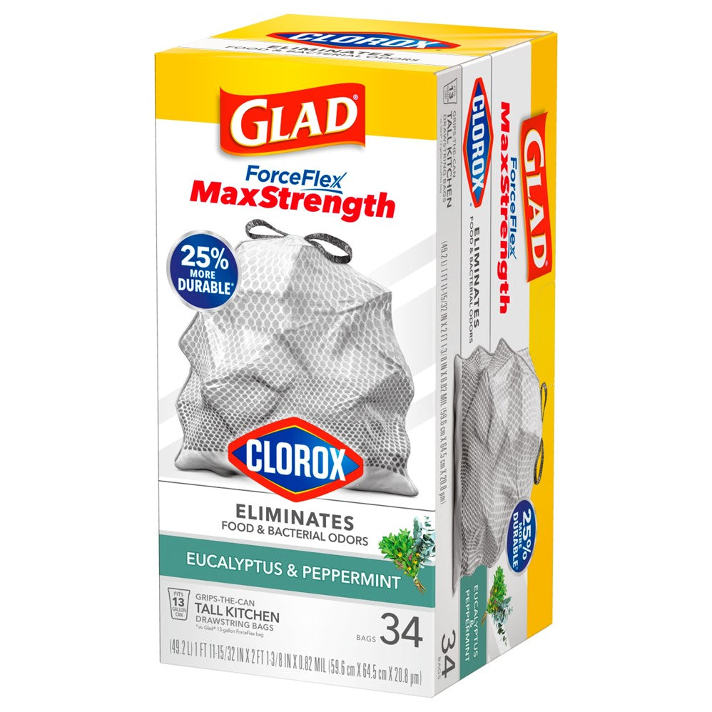 Glad Forceflex Plus Drawstring Eucalyptus & Peppermint Odor Shield With Clorox 13 Gallon 6/34Ct - 34ct/6pk