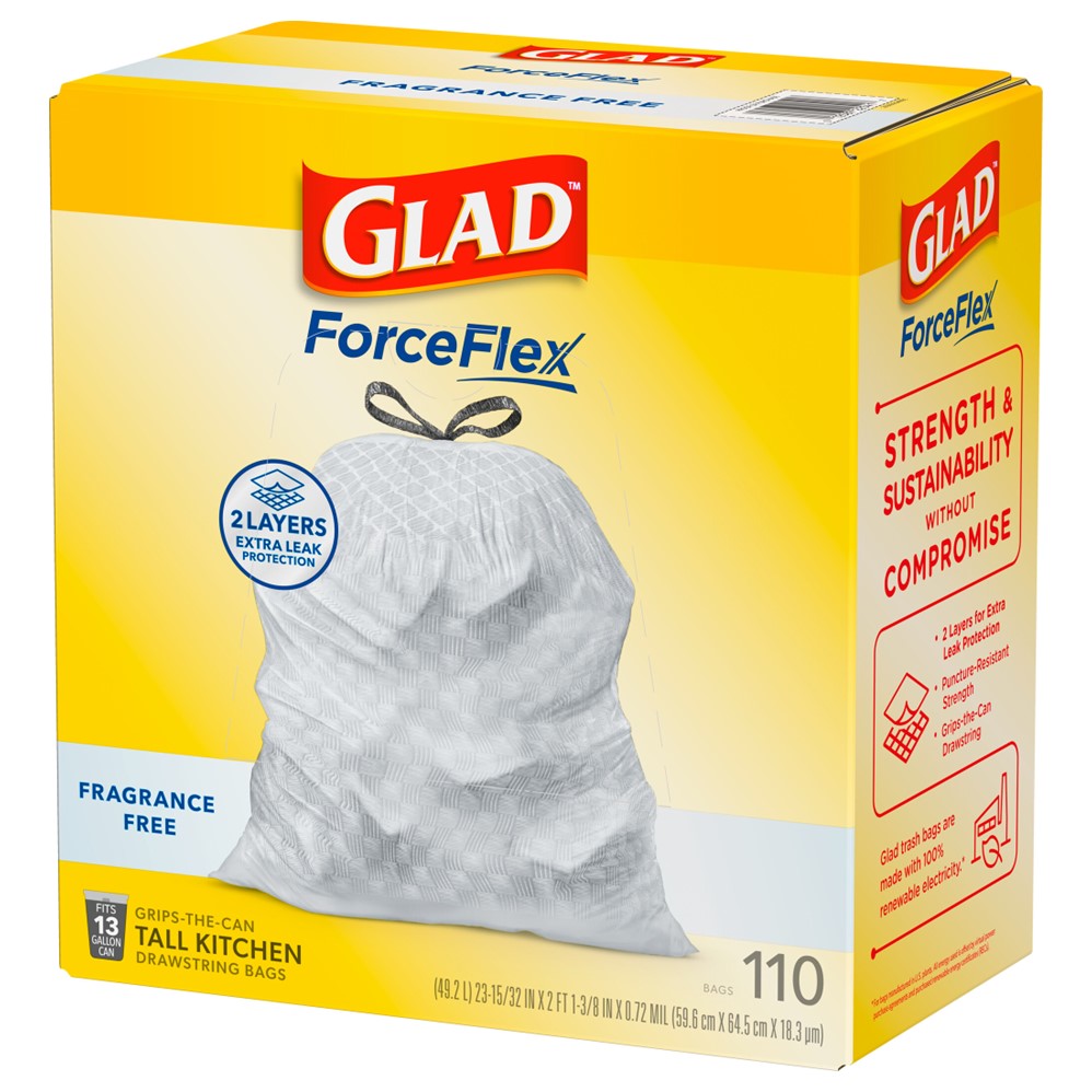 Glad Forceflex Drawstring Fragrance Free13 Gallon - 110ct/3pk