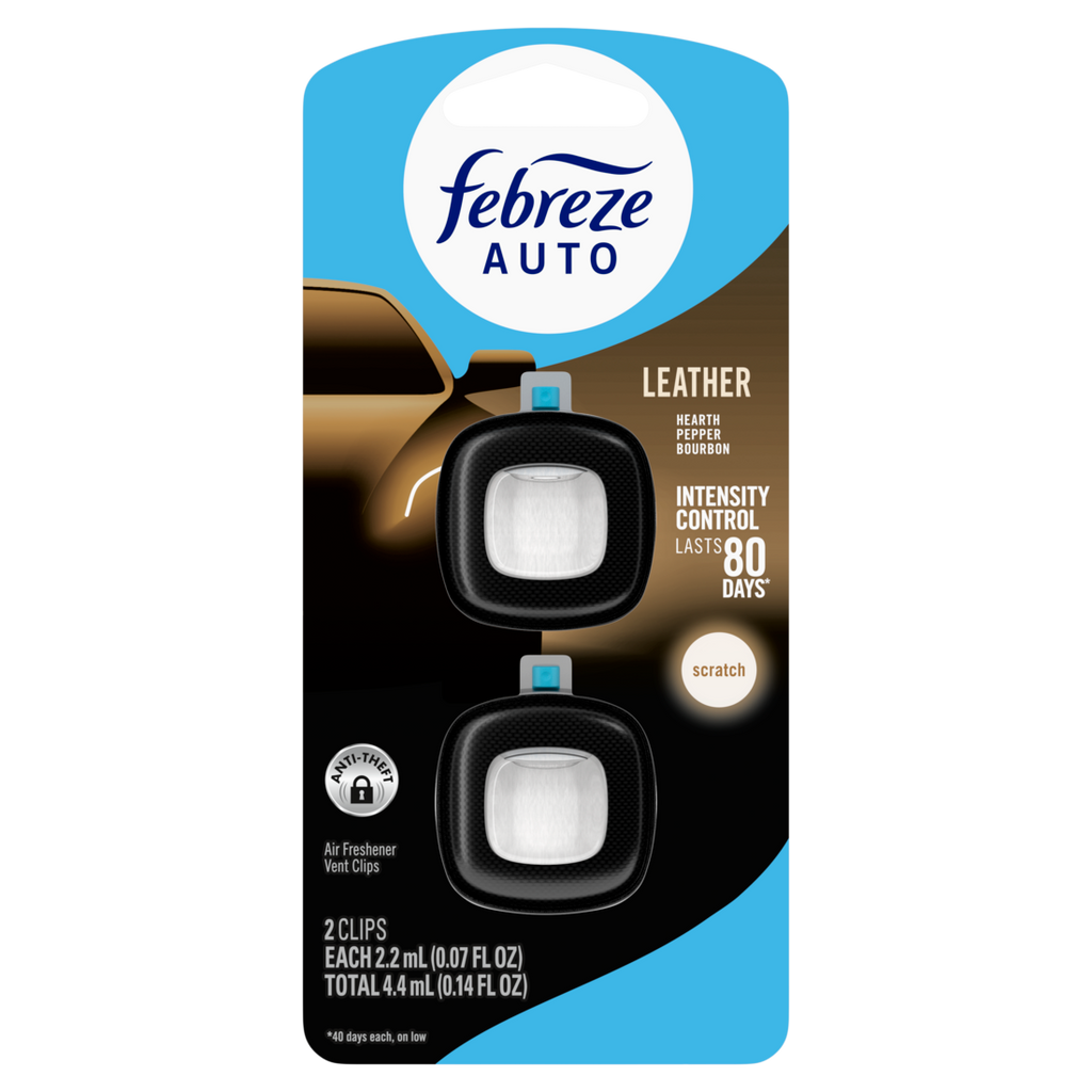 Febreze Auto Air Freshener Odor-Fighting Automotive Vent Clip Leather Scent - (2x0.07)oz/8pk