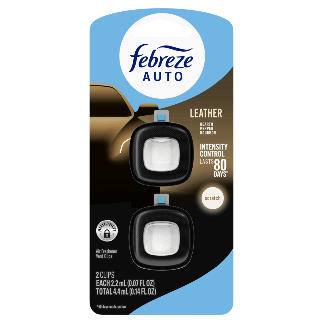 Febreze Auto Air Freshener Odor-Fighting Automotive Vent Clip Leather Scent - (2x0.07)oz/8pk