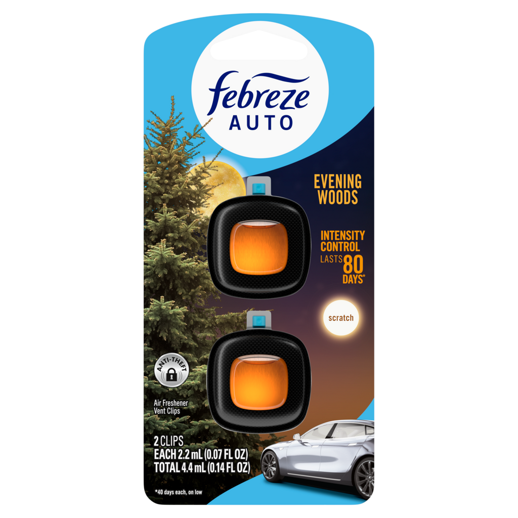 Febreze Auto Air Freshener Odor-Fighting Automotive Vent Clip Evening Woods Scent - (2x0.07)oz/8pk
