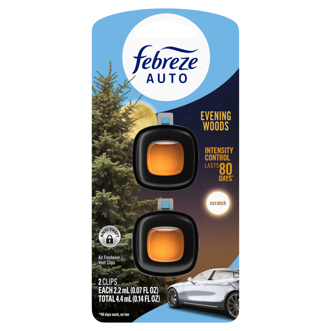 Febreze Auto Air Freshener Odor-Fighting Automotive Vent Clip Evening Woods Scent - (2x0.07)oz/8pk