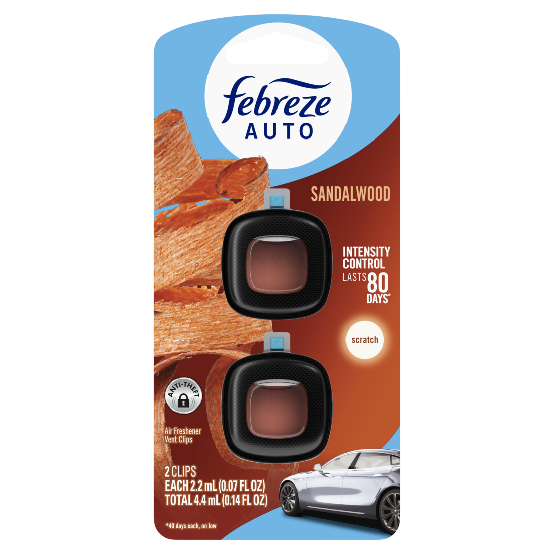 Febreze Auto Air Freshener Odor-Fighting Automotive Vent Clip Sandalwood Scent - (2x0.07)oz/8pk