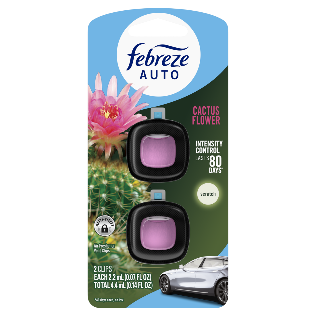 Febreze Auto Air Freshener Odor-Fighting Automotive Vent Clip Cactus Flower Scent - (2x0.07)oz/8pk