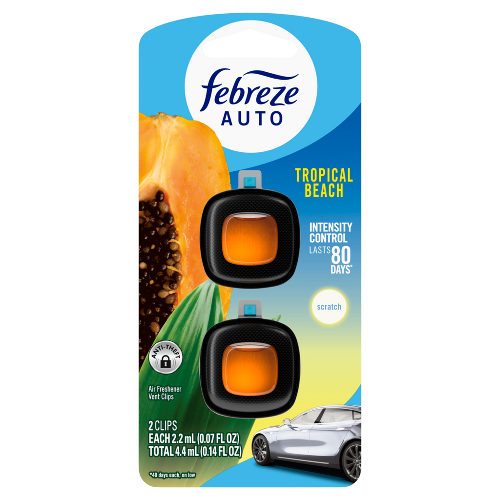 Febreze Auto Air Freshener Odor-Fighting Automotive Vent Clip Tropical Beach Scent - (2x0.07)oz/8pk