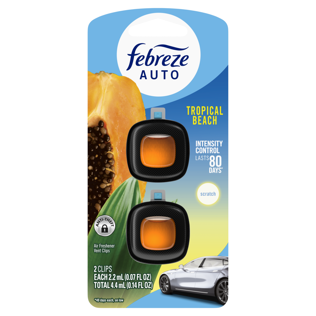 Febreze Auto Air Freshener Odor-Fighting Automotive Vent Clip Tropical Beach Scent - (2x0.07)oz/8pk