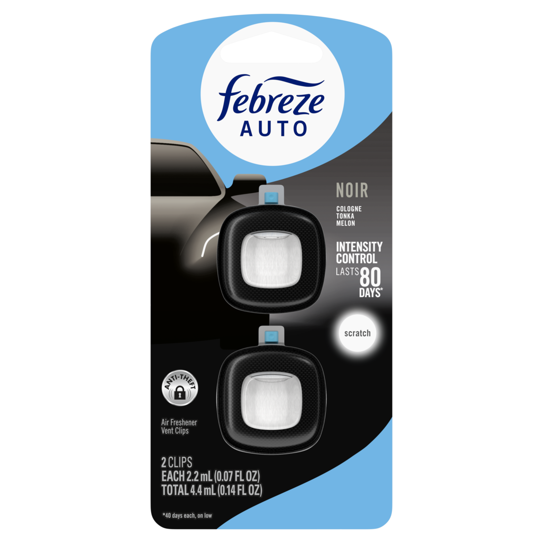 Febreze Auto Air Freshener Odor-Fighting Automotive Vent Clip Noir Scent - (2x0.07)oz/8pk