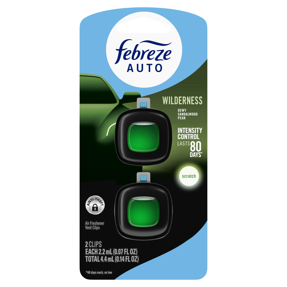 Febreze Auto Air Freshener Odor-Fighting Automotive Vent Clip Wilderness Scent - (2x0.07)oz/8pk
