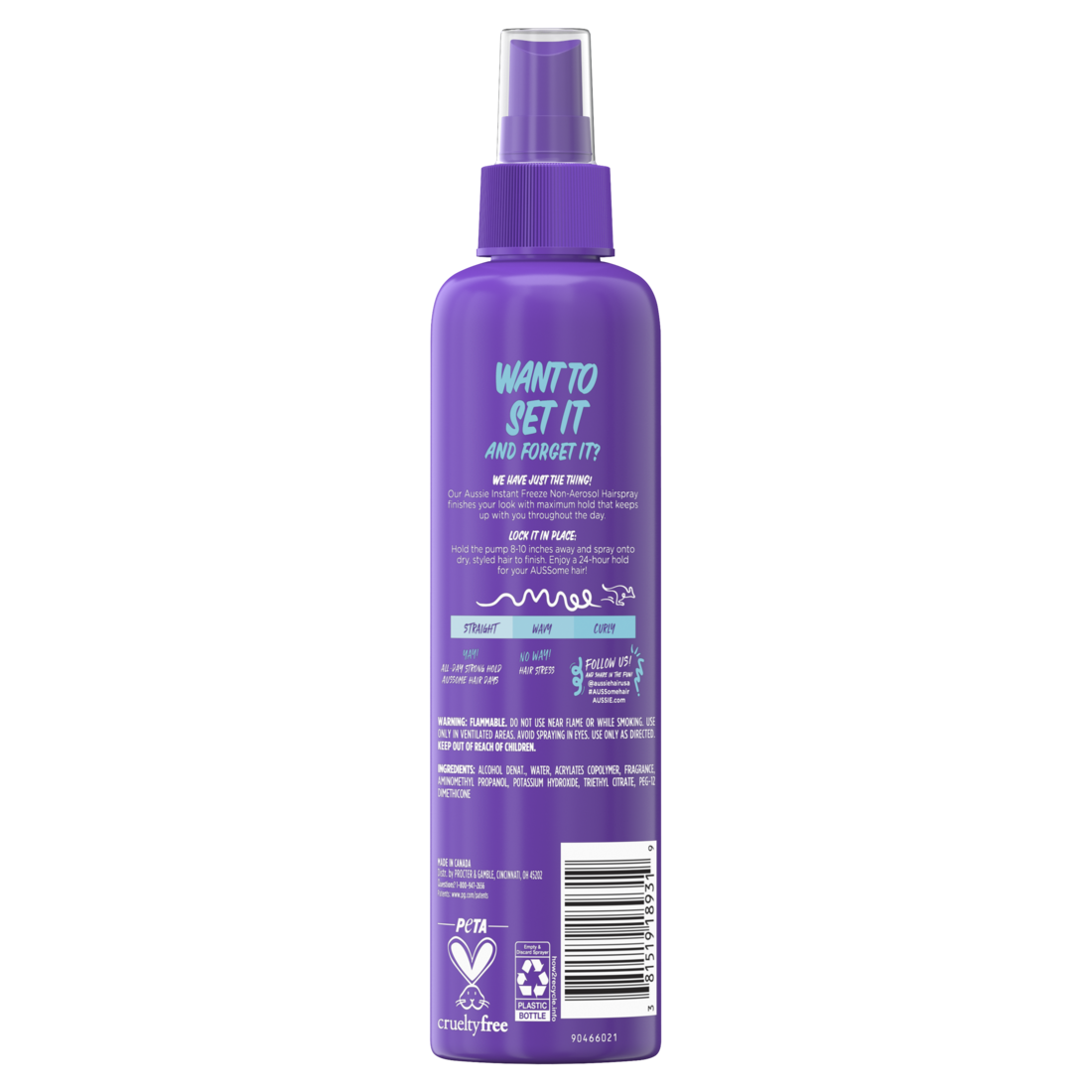 Aussie Instant Freeze Non-Aerosol Hair Spray For Curly Hair Wavy Hair And Straight Hair - 8.5oz/12pk